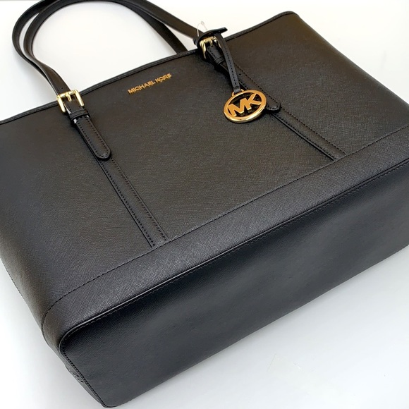 MICHAEL KORS BLACK COLOR JET SET TRAVEL LARGE SAFFIANO LEATHER TOTE BAG - Picture 7 of 13